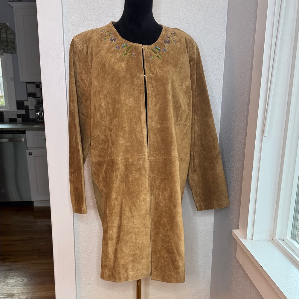 Denim & Co 1X Leather Embroidered Camel Suede Long Jacket NWT Vintage Western